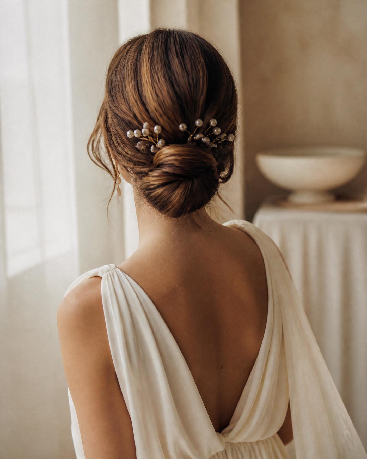 Bride photographed from behind wearing a low pearl-pinned chignon in soft window light